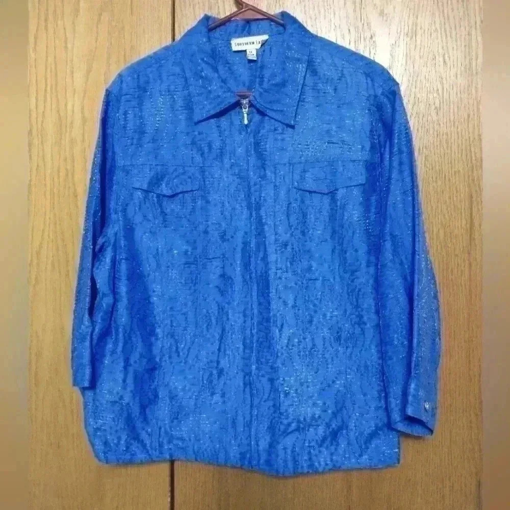 Southern Lady Blue jacket lightweight pockets floral pattern texture size XL